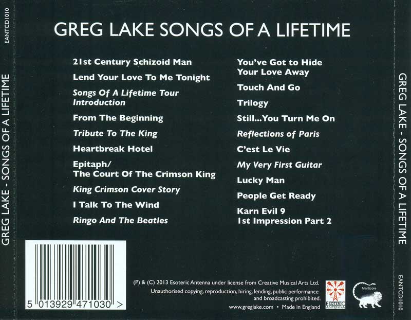 Greg Lake - Songs Of A Lifetime - CD backing